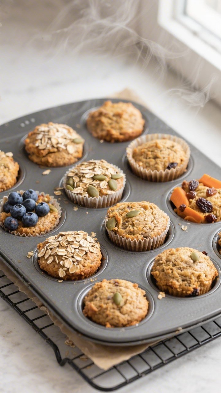 Overhead shot of freshly baked high-fiber muffins in a 12-cup tin just out of the oven, domed tops s