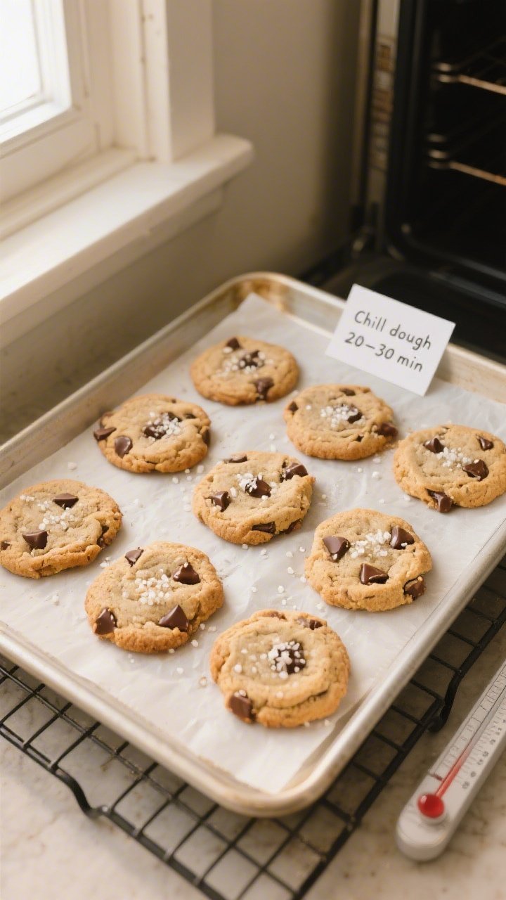 Overhead shot of freshly baked keto almond flour chocolate chip cookies cooling on a parchment-lined