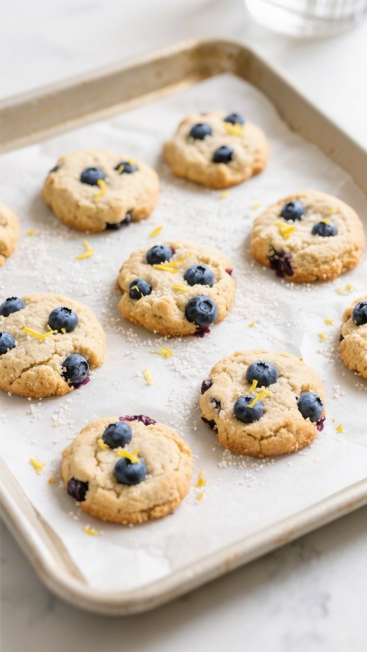 Overhead shot of freshly baked Keto Blueberry Cookies cooling on a parchment-lined, light-colored ba