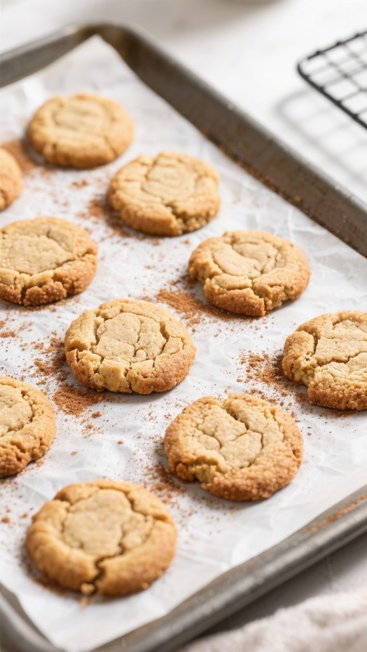 Overhead shot of freshly baked keto cinnamon cookies cooling on a parchment-lined sheet, edges light