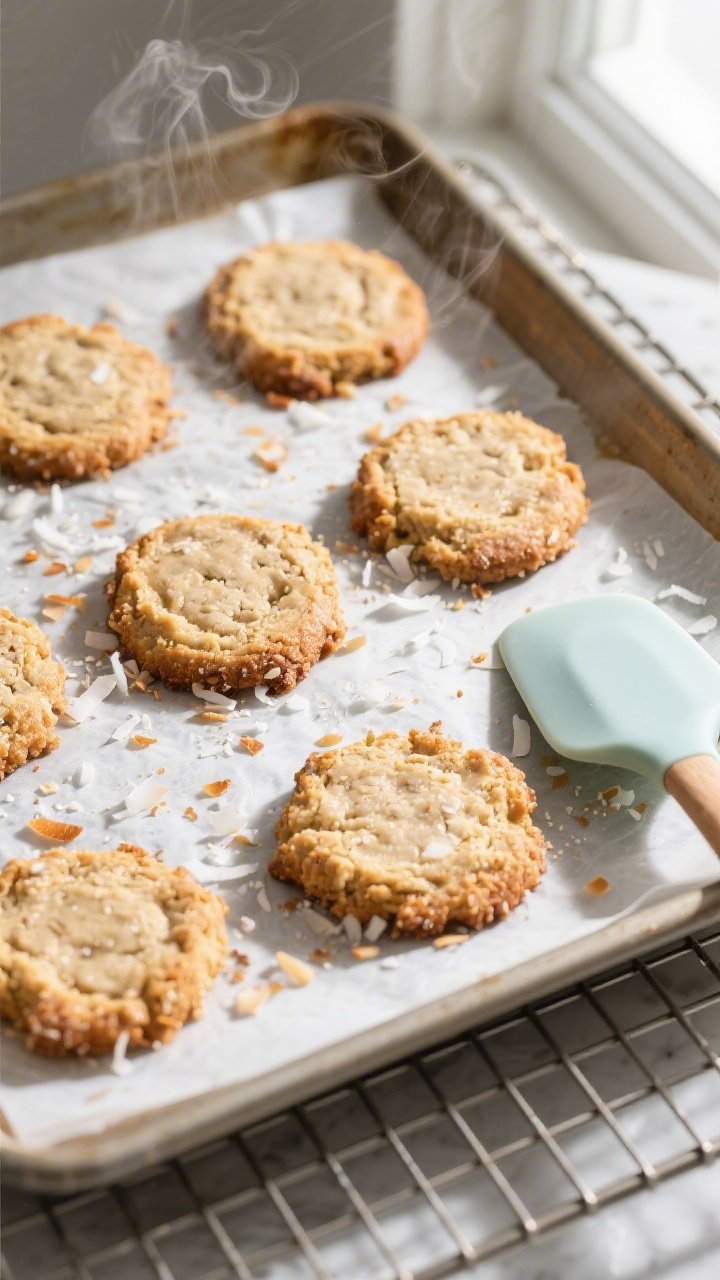 Overhead shot of freshly baked keto coconut cookies cooling on a parchment-lined baking sheet right 