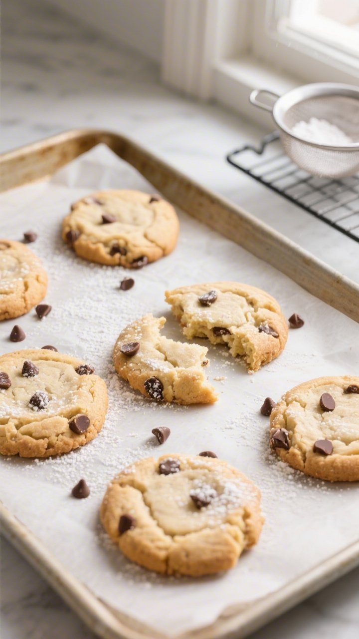 Overhead shot of freshly baked Keto Cool Whip cookies cooling on a parchment-lined sheet pan, spaced