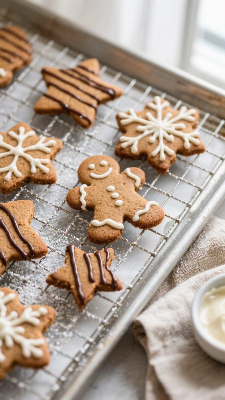 Overhead shot of freshly baked keto gingerbread cookies cooling on a wire rack, crisp edges with sof