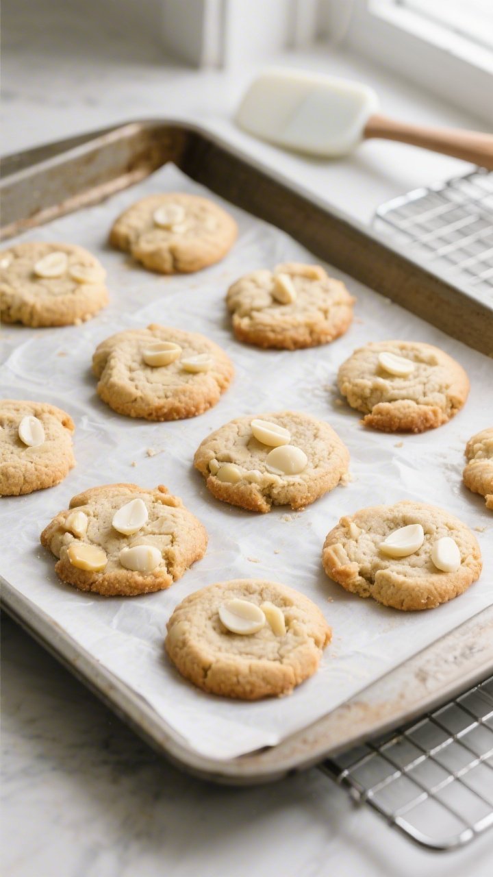 Overhead shot of freshly baked keto macadamia nut cookies cooling on a parchment-lined baking sheet,