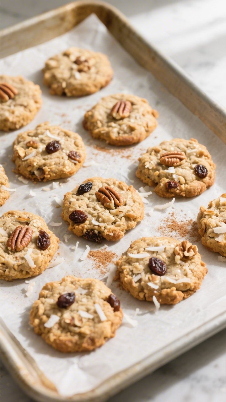 Overhead shot of freshly baked keto “oatmeal” raisin cookies cooling on a parchment-lined sheet 