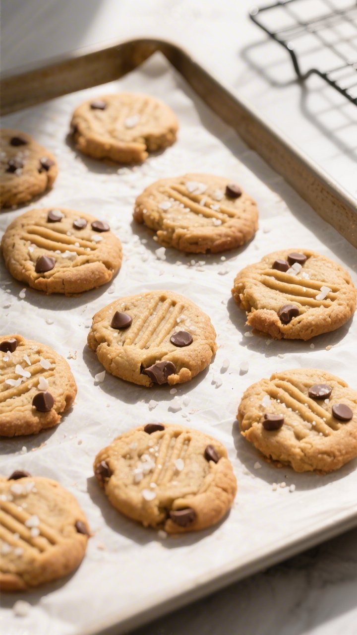 Overhead shot of freshly baked keto peanut butter cookies cooling on a parchment-lined sheet pan, ea