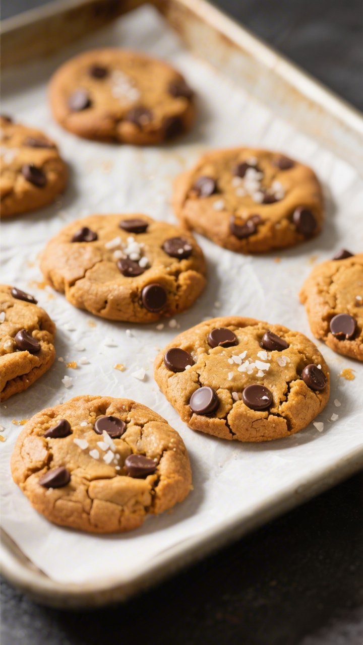Overhead shot of freshly baked keto pumpkin chocolate chip cookies cooling on a parchment-lined shee