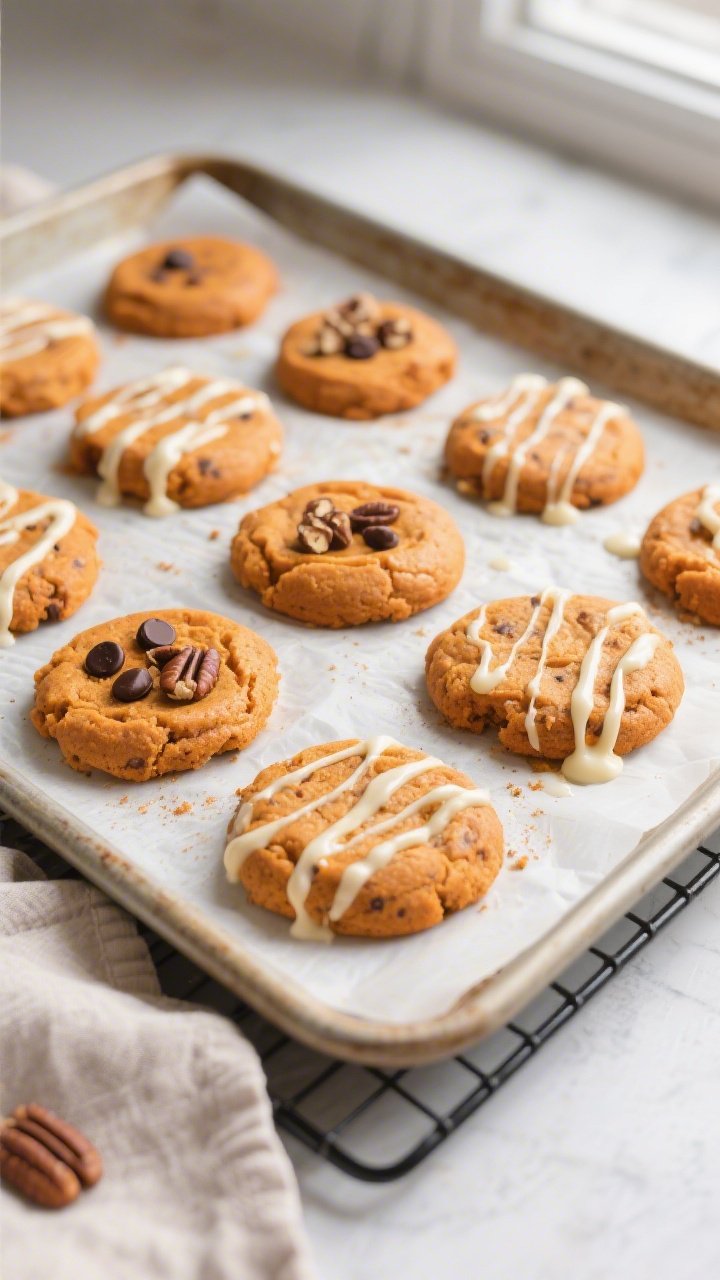 Overhead shot of freshly baked keto pumpkin cookies cooling on a parchment-lined baking sheet, space