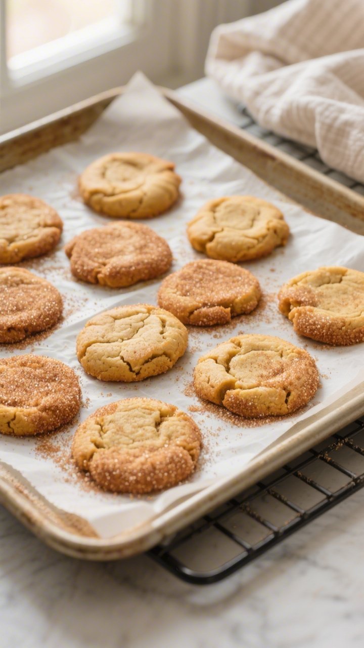 Overhead shot of freshly baked keto pumpkin snickerdoodle cookies cooling on a parchment-lined bakin