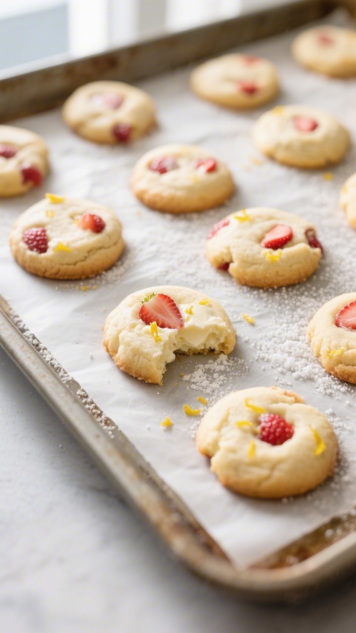 Overhead shot of freshly baked keto strawberry cream cheese cookies cooling on a parchment-lined bak