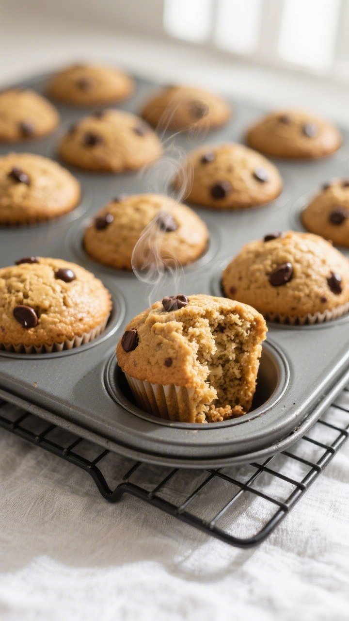 Overhead shot of freshly baked peanut butter banana muffins cooling in a 12-cup muffin pan on a wire
