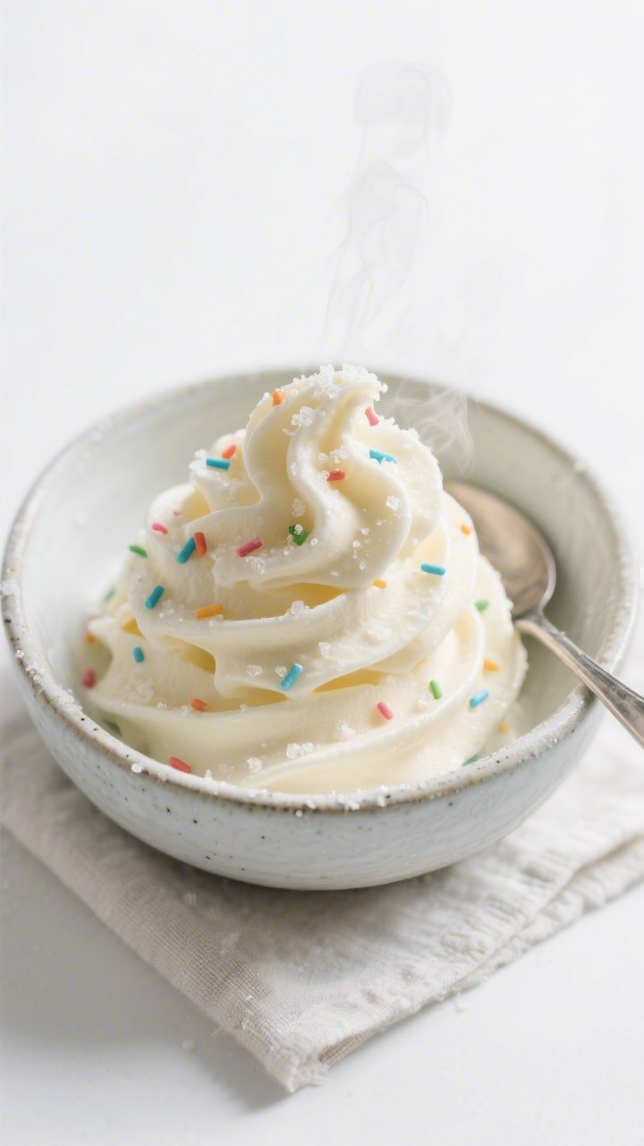 Overhead shot of freshly blended 100-calorie protein ice cream served soft-serve style in a chilled 