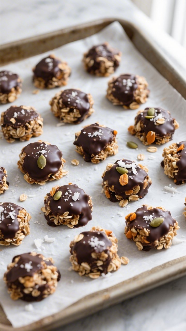 Overhead shot of freshly chilled 100-Calorie Chocolate Oat Clusters on a parchment-lined tray, 16–