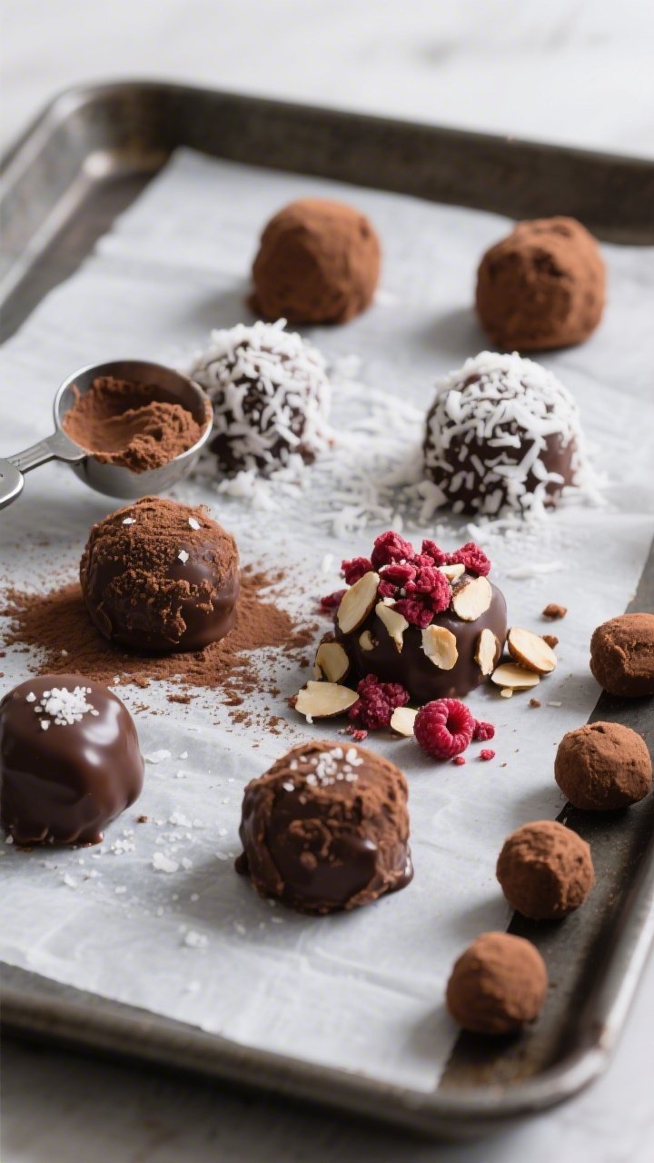 Overhead shot of freshly rolled 100-Calorie Chocolate Protein Truffles setting on a parchment-lined
