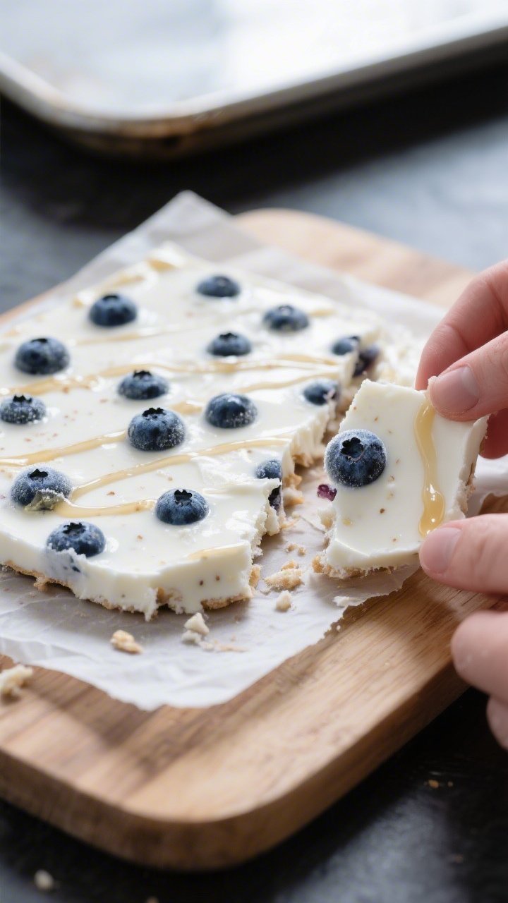 Overhead shot of frozen blueberry yogurt bark slab on parchment just lifted onto a wooden cutting bo