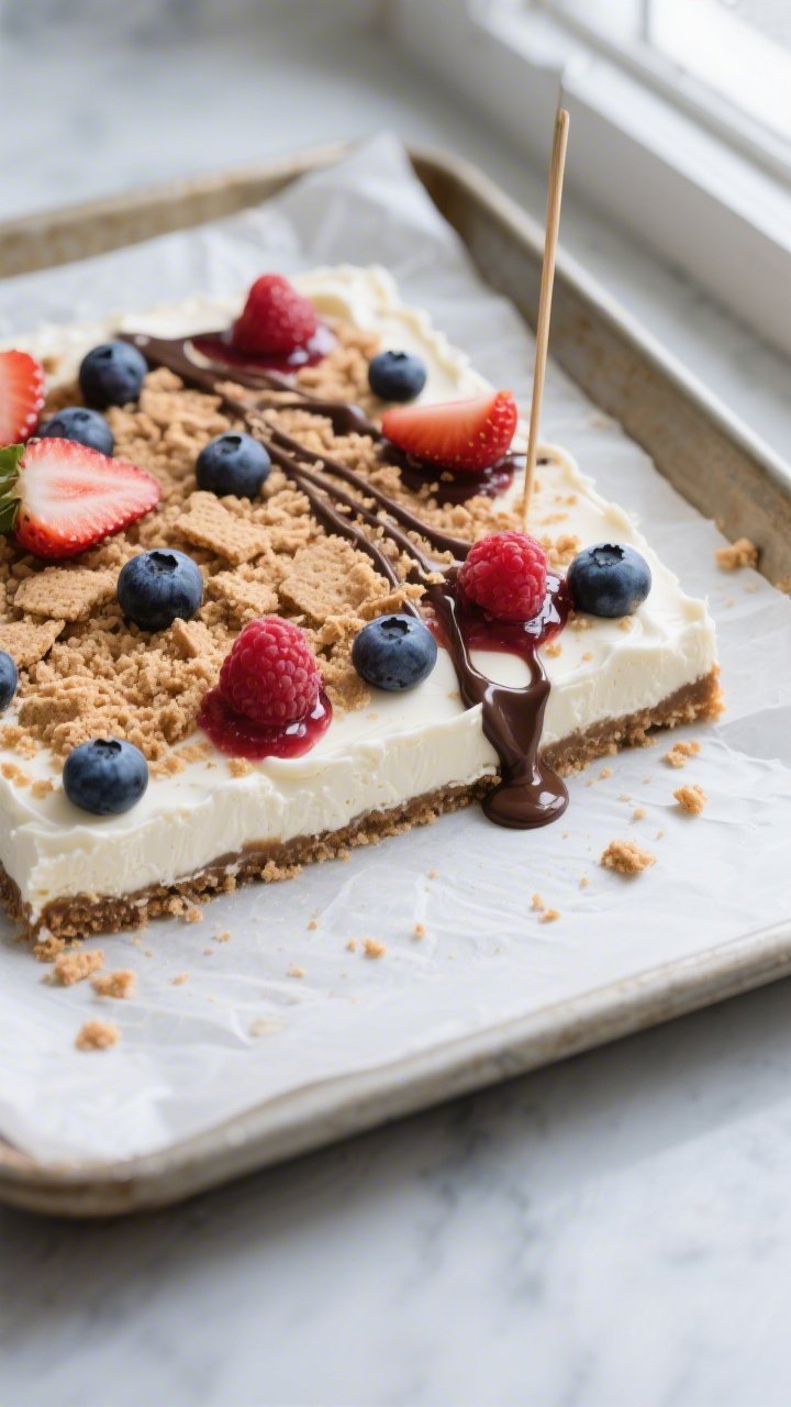 Overhead shot of no-bake cheesecake bark just set on a parchment-lined rimmed baking sheet, ready to