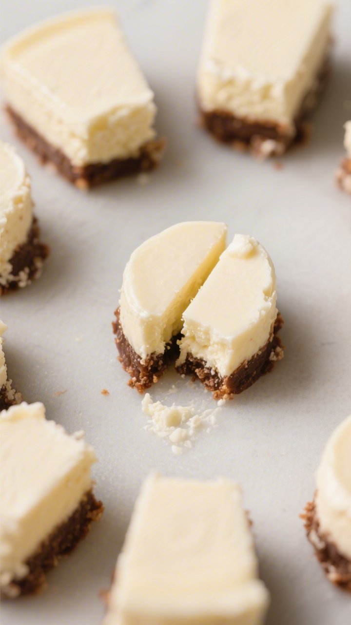 Overhead shot of no-bake cheesecake bites freshly cut into 1–