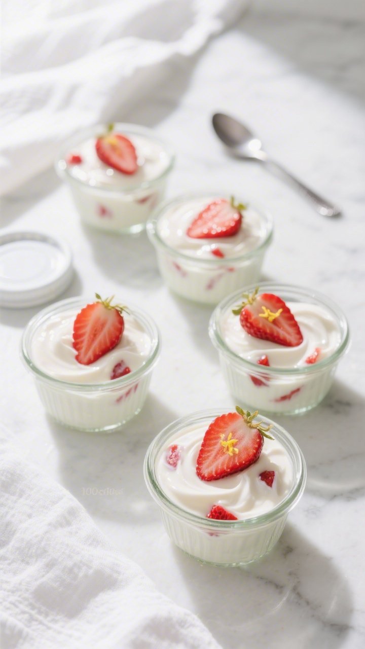 Overhead shot of prepared 100-calorie strawberry yogurt cups portioned into 4–6 small glass rameki