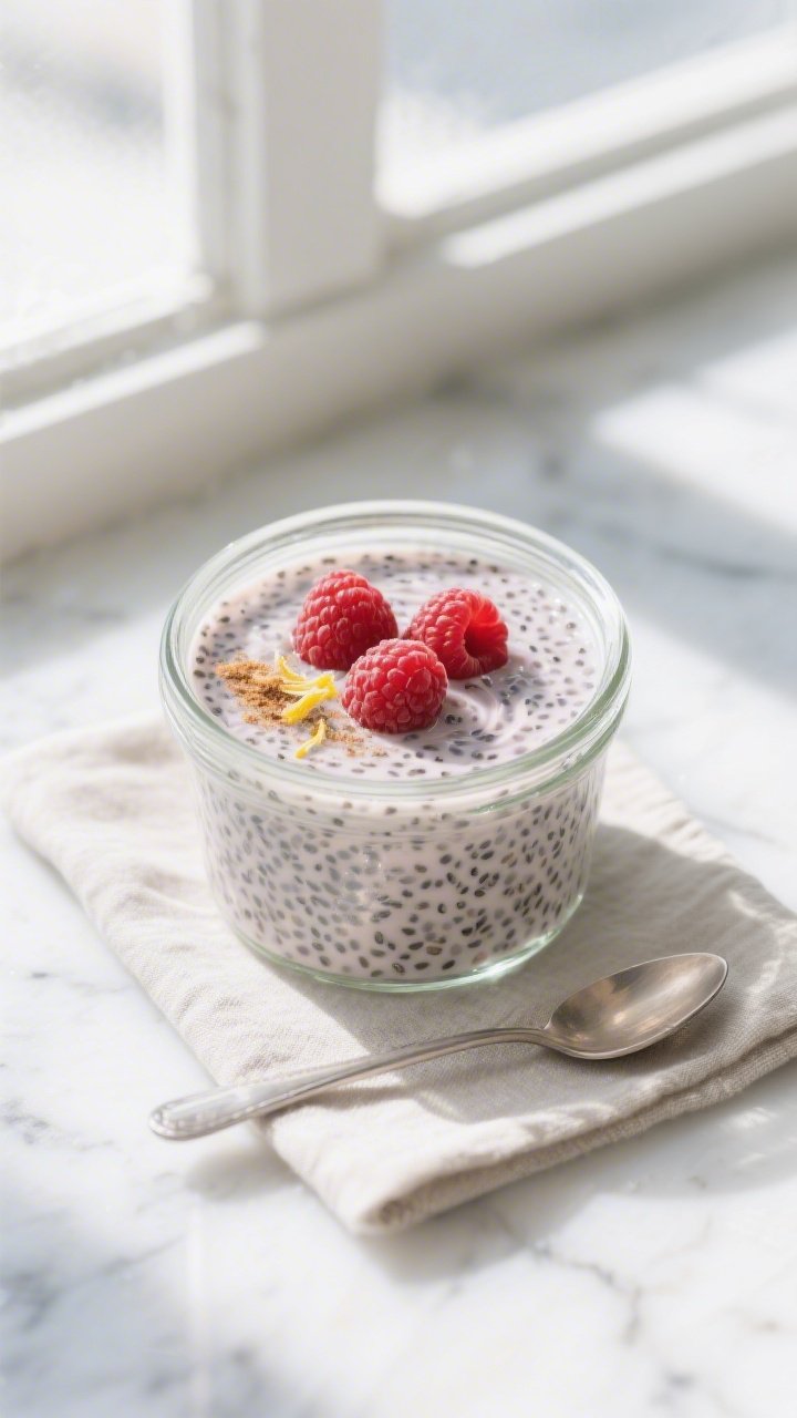 Overhead shot of raspberry chia pudding after its final chill, served in small clear glass jars to s