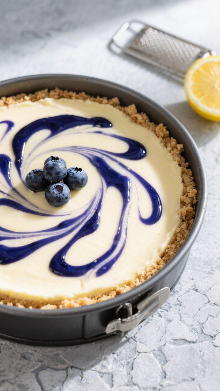 Overhead shot of the assembled no-bake blueberry lemon crumble cheesecake just after swirling: a 9-i