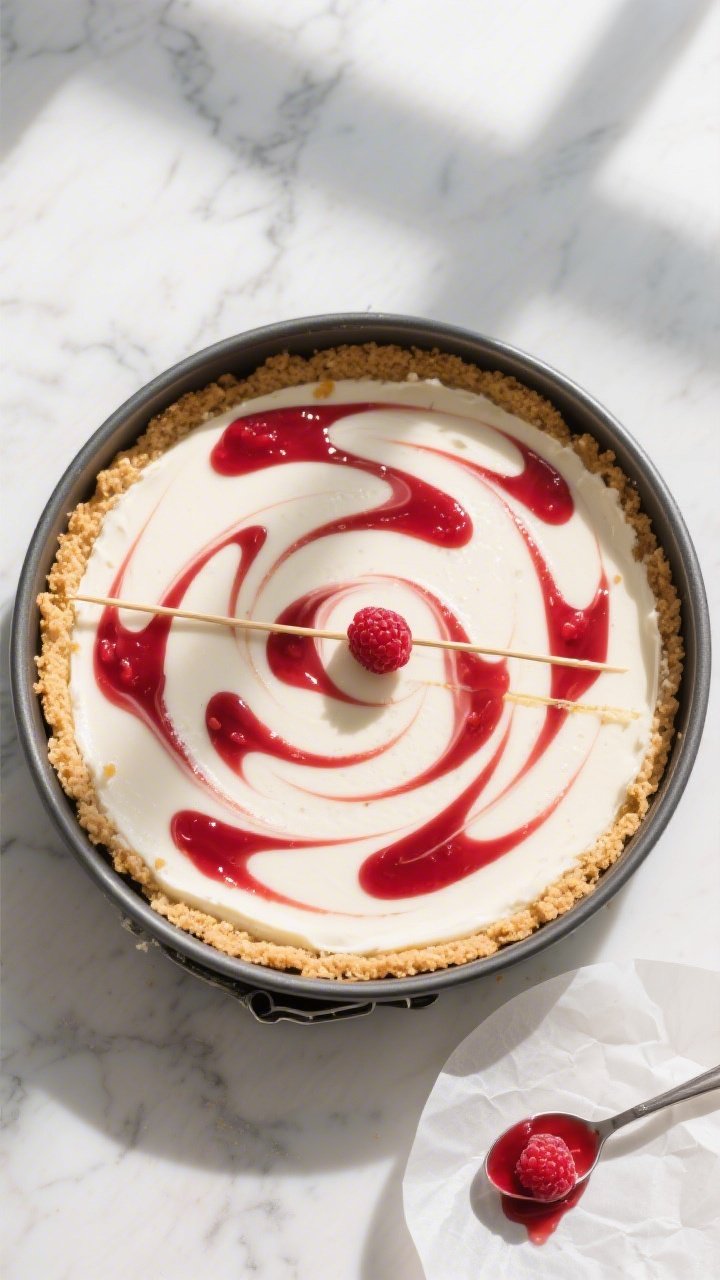 Overhead shot of the assembled no-bake raspberry swirl cheesecake in a 9-inch springform pan just af
