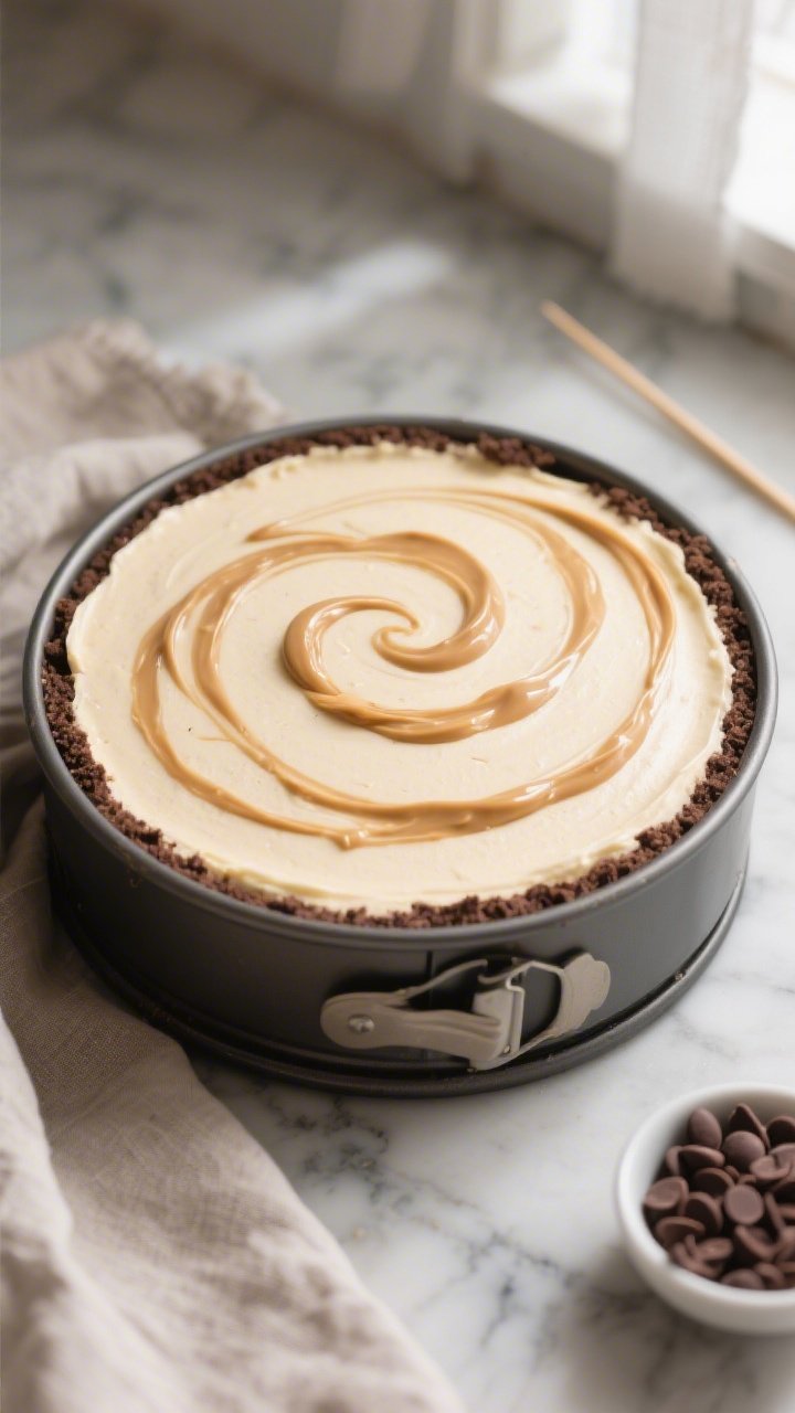 Overhead shot of the cheesecake just after swirling, set in a 9-inch springform pan on a cool marble