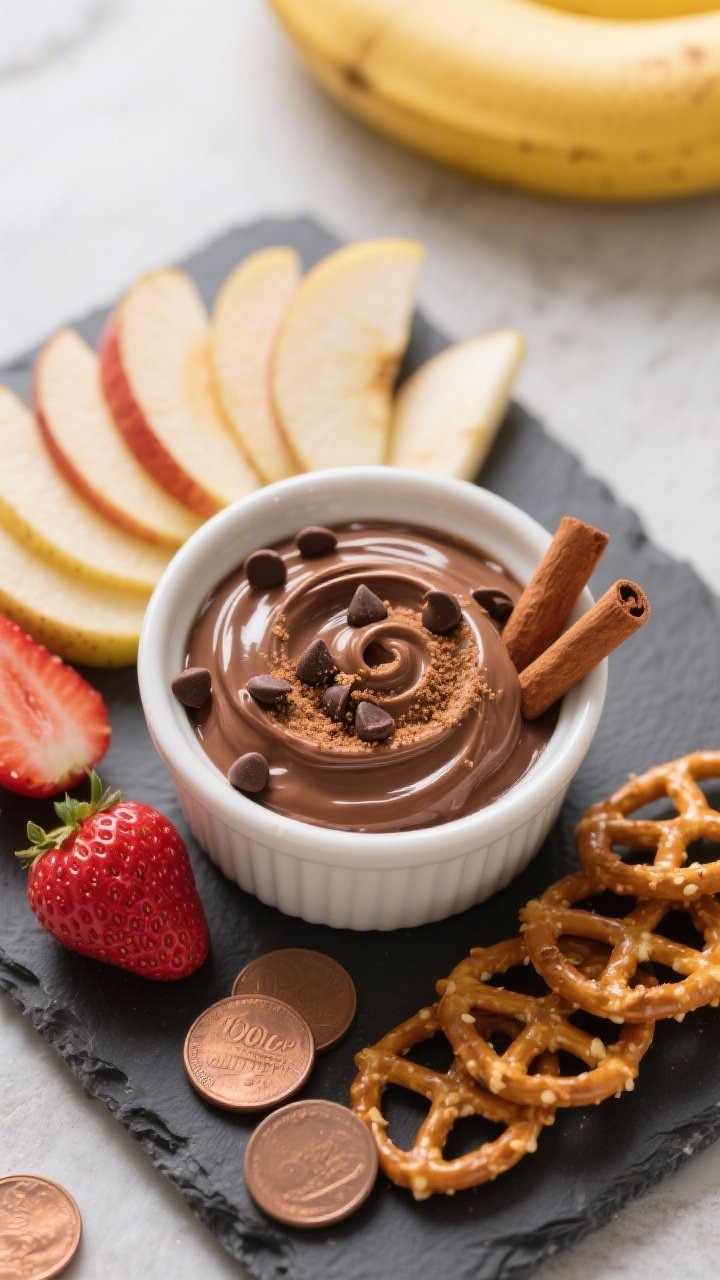 Overhead shot of the finished 100-calorie chocolate peanut butter dip swirled glossy in a small whit