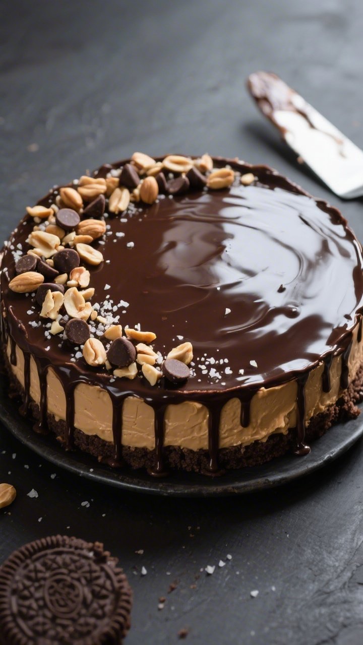 Overhead shot of the finished No Bake Chocolate Peanut Butter Cheesecake just after topping, glossy 