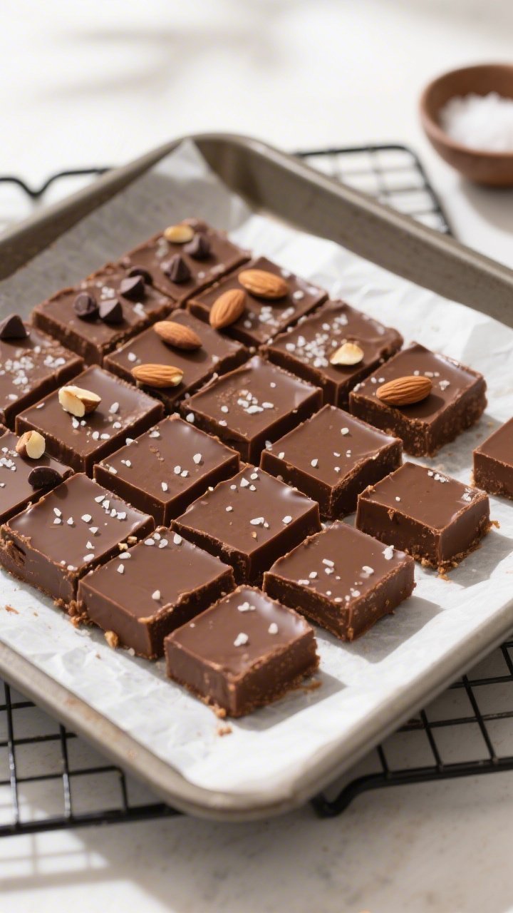 Overhead shot of the fully set 100-calorie protein fudge slab on parchment lifted from an 8x8 pan, c