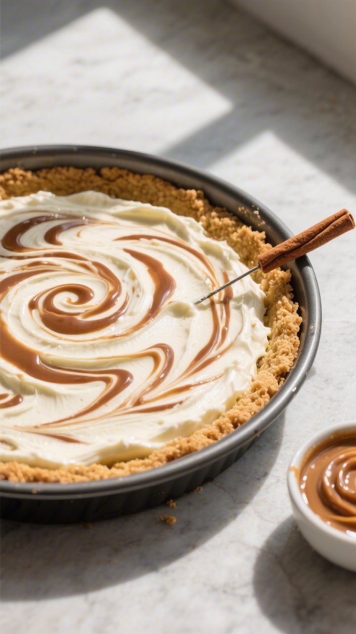 Overhead shot of the no-bake cinnamon roll cheesecake just after the “layer and swirl” step: hal