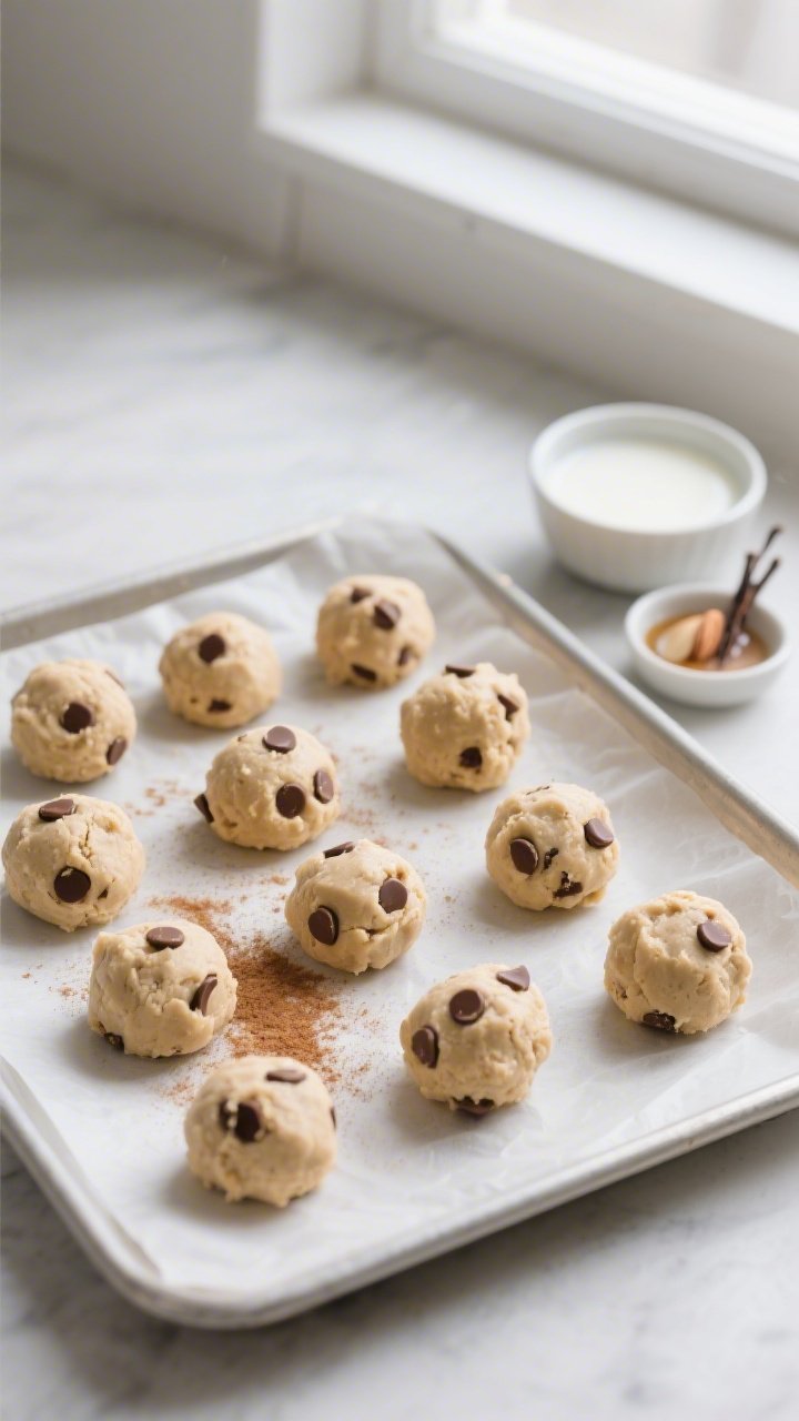 Overhead top-view of portioned cookie dough bites: the prepared protein cookie dough rolled into sma