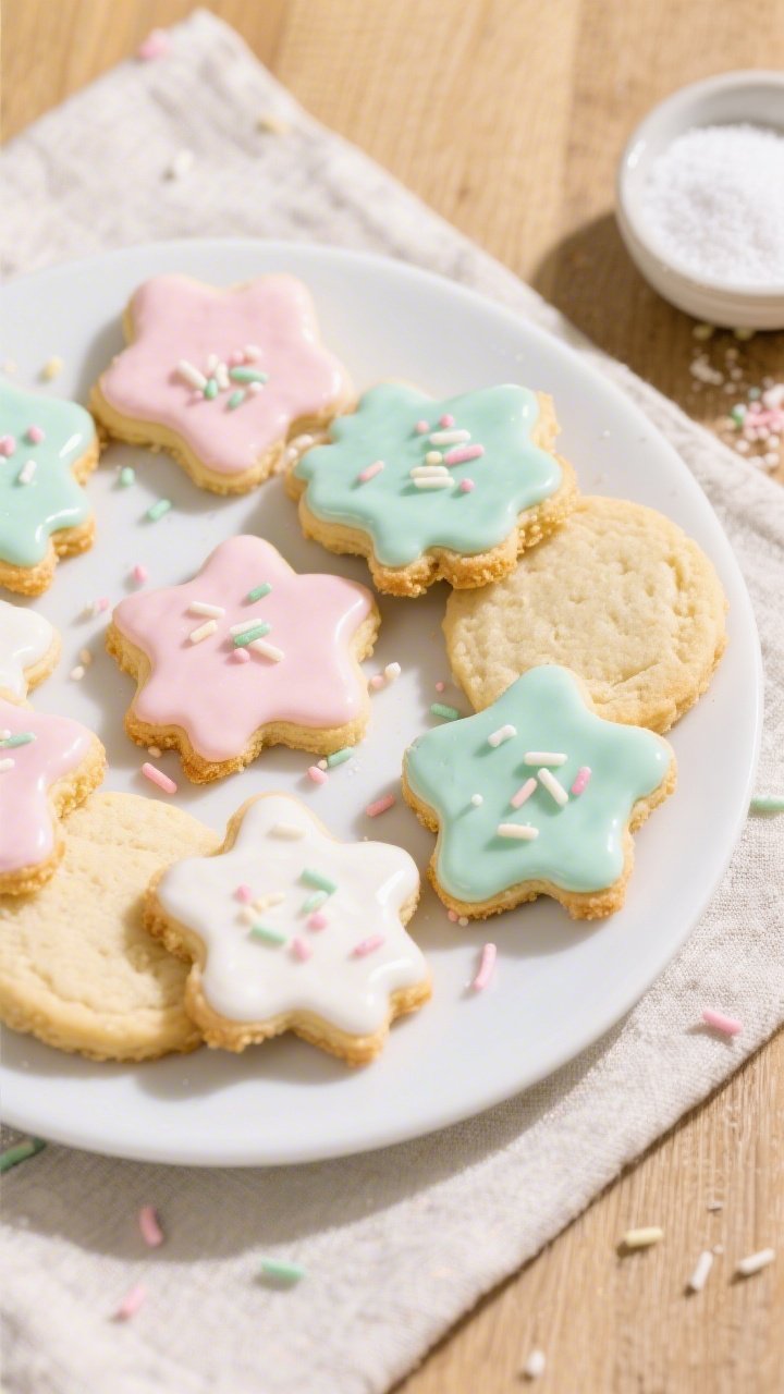Tasty top view, final dish: Overhead shot of iced keto sugar cookies arranged on a matte white platt