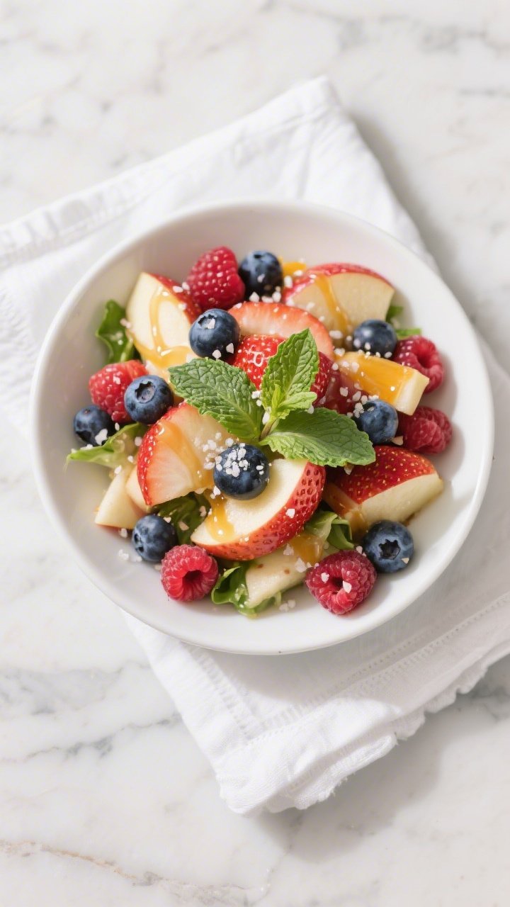 Tasty top view: Final plated 100-Calorie Apple Berry Salad arranged in a shallow white bowl, balance