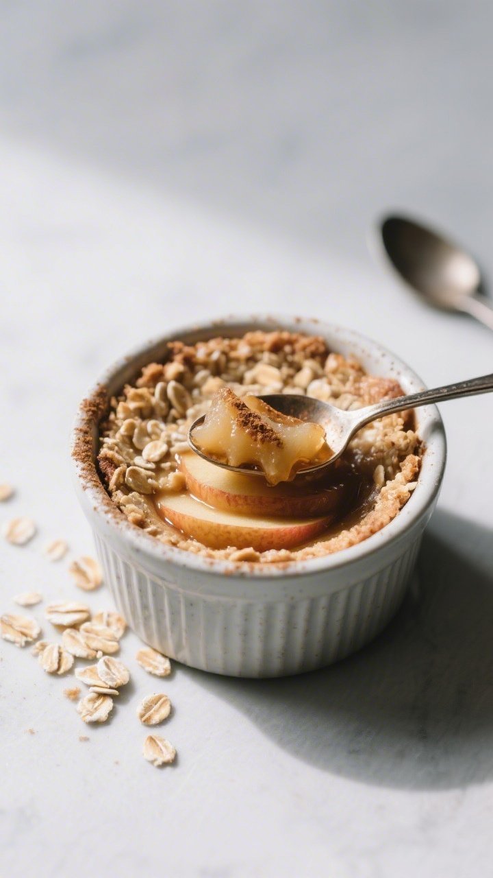 Tasty top view, final presentation: Overhead shot of a single-serving apple cinnamon microwave crisp