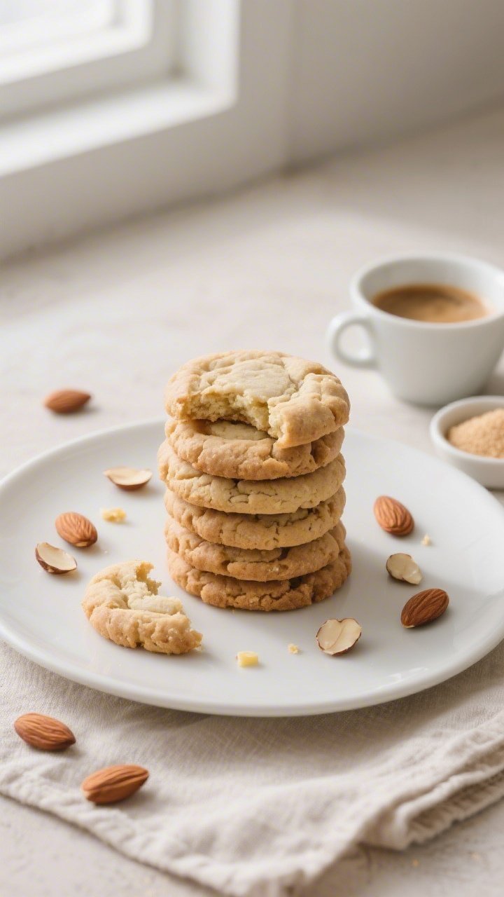 Tasty top view, final presentation: Overhead shot of a neat stack and scattered keto almond cookies