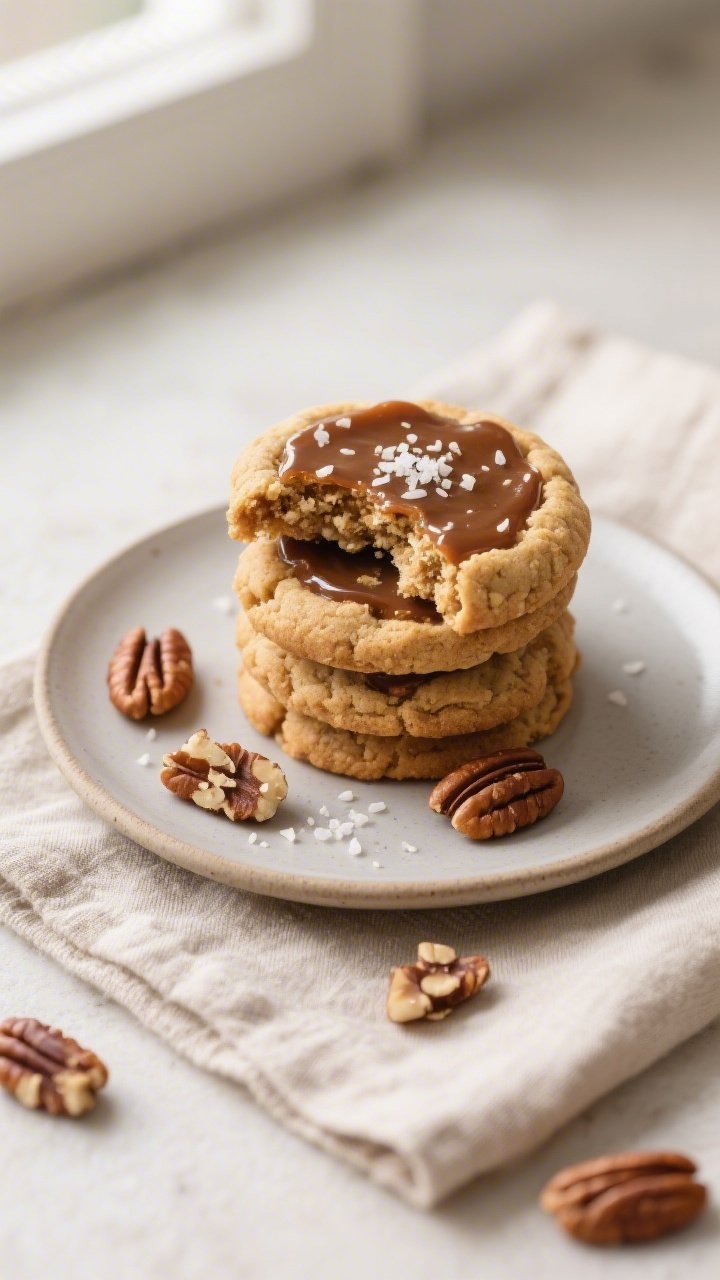 Tasty top view final presentation: Overhead shot of a small dessert plate stacked with keto pecan pi