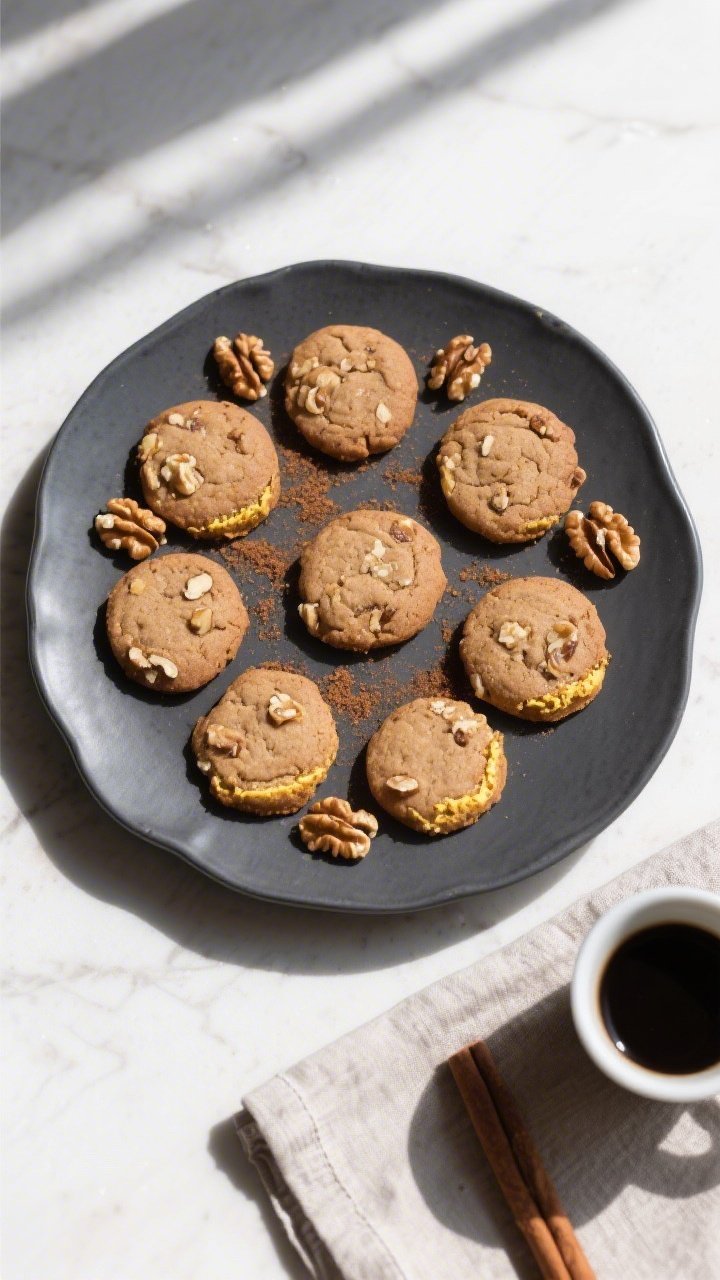 Tasty top view final presentation: Overhead shot of 8–10 keto walnut cookies neatly arranged on a