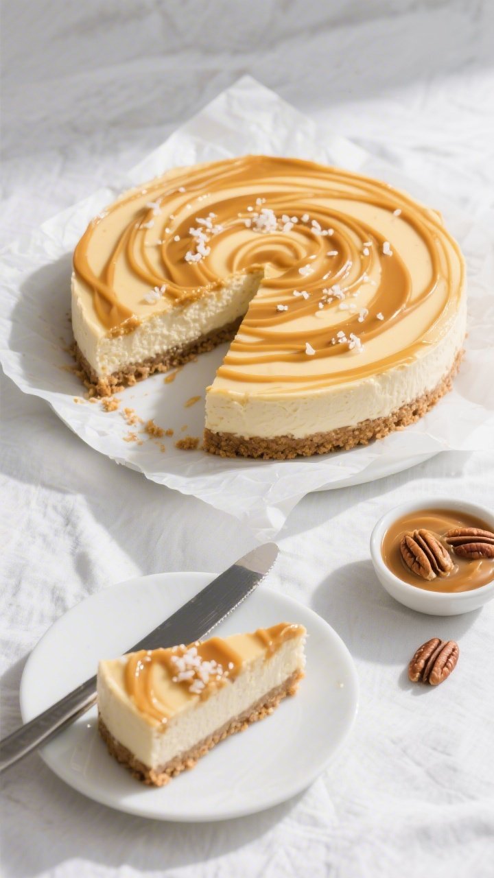 Tasty top view final presentation: Overhead shot of a fully set no-bake caramel swirl cheesecake on 