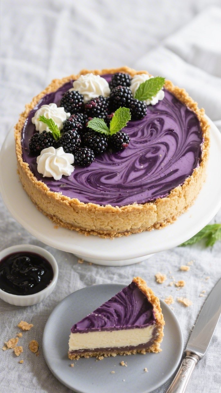 Tasty top-view final presentation: Overhead shot of a fully set no-bake blackberry vanilla cheesecak