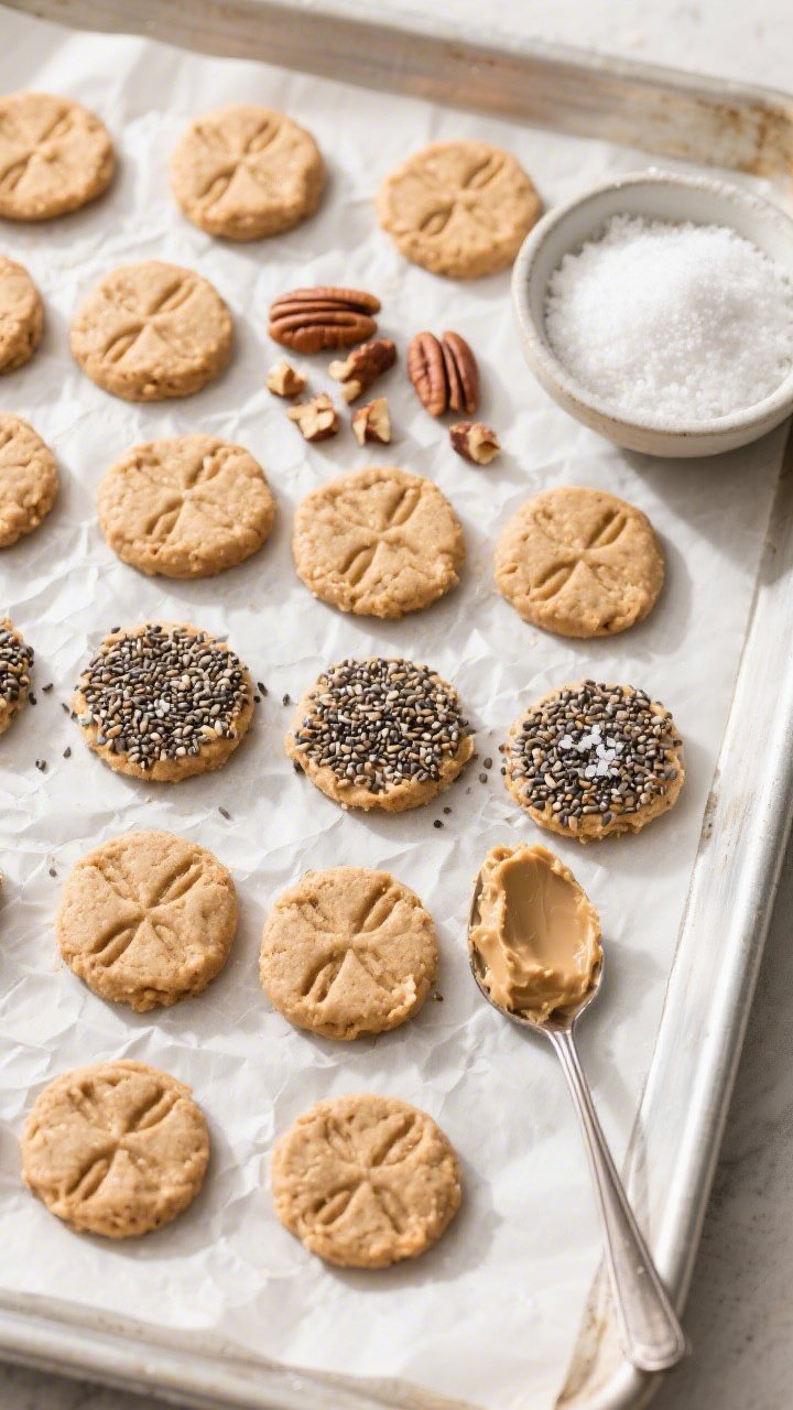 Tasty top-view process scene: Overhead shot of a lined baking sheet filled with uniformly portioned,