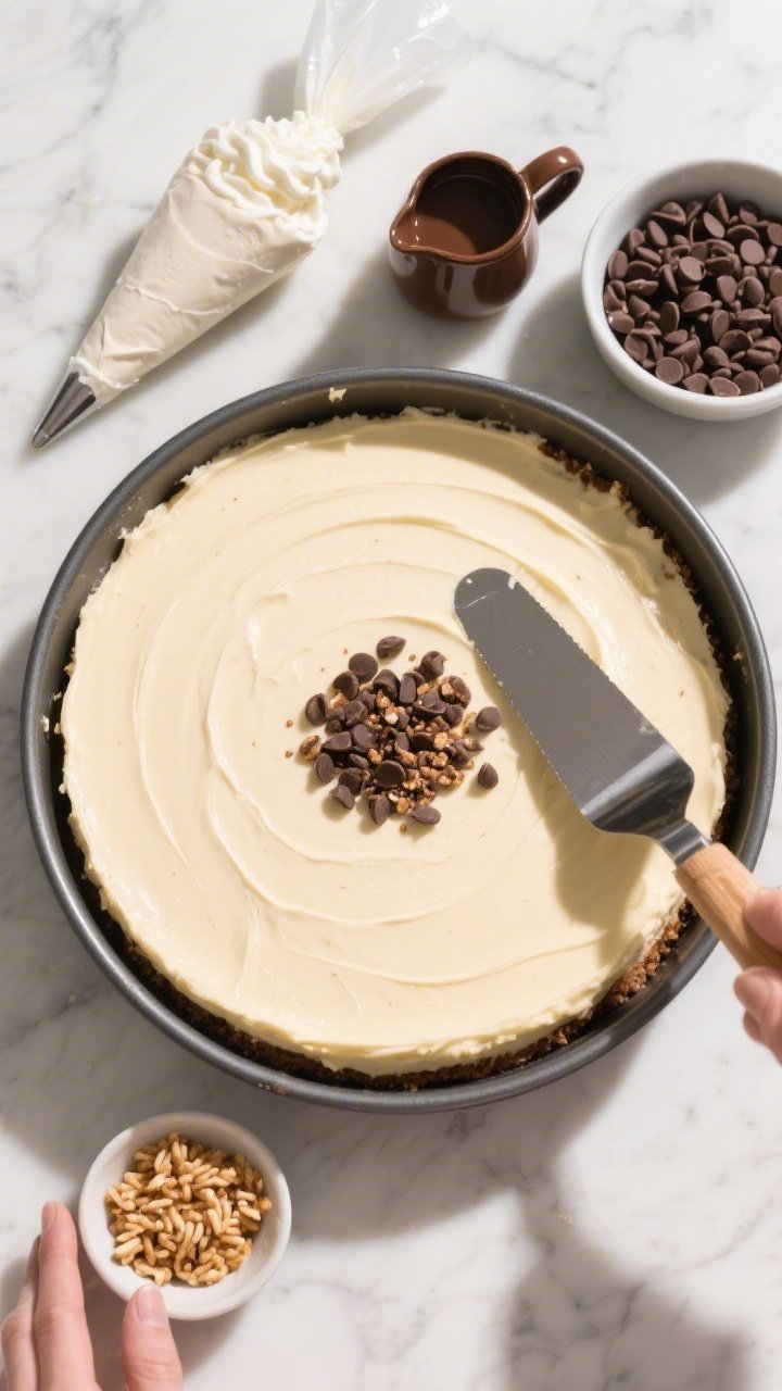 Tasty top-view process shot: Overhead of the cheesecake in the pan right after smoothing the filling