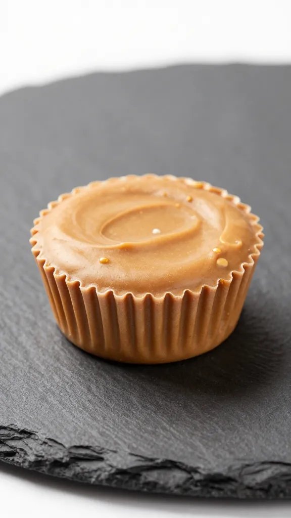 closeup single keto peanut butter cup on matte slate plate