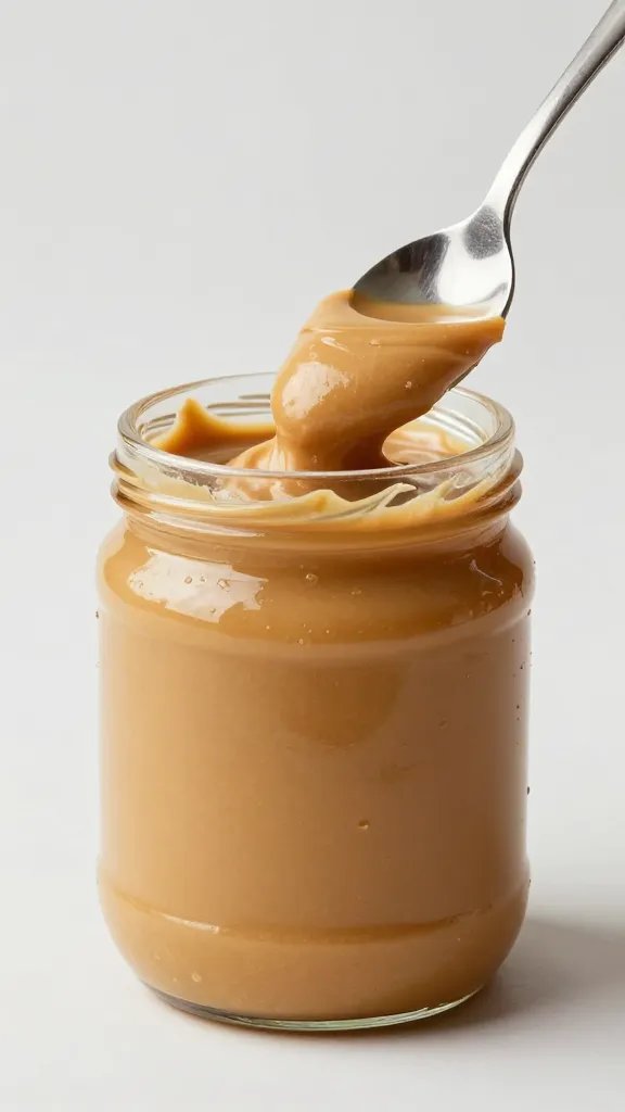 spoonful of natural peanut butter, smooth swirl, studio light