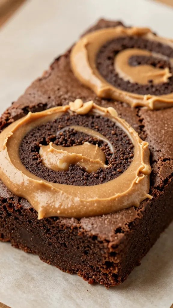 closeup keto peanut butter swirl brownie on parchment