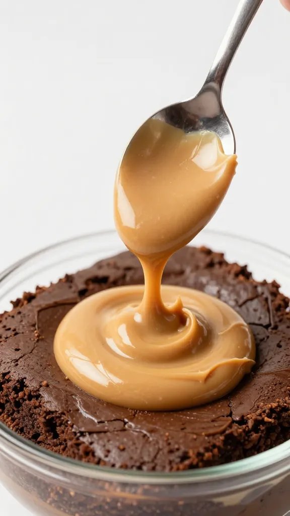 spoon dolloping creamy peanut butter onto brownie batter