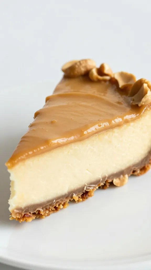 closeup slice of keto peanut butter cheesecake on white plate