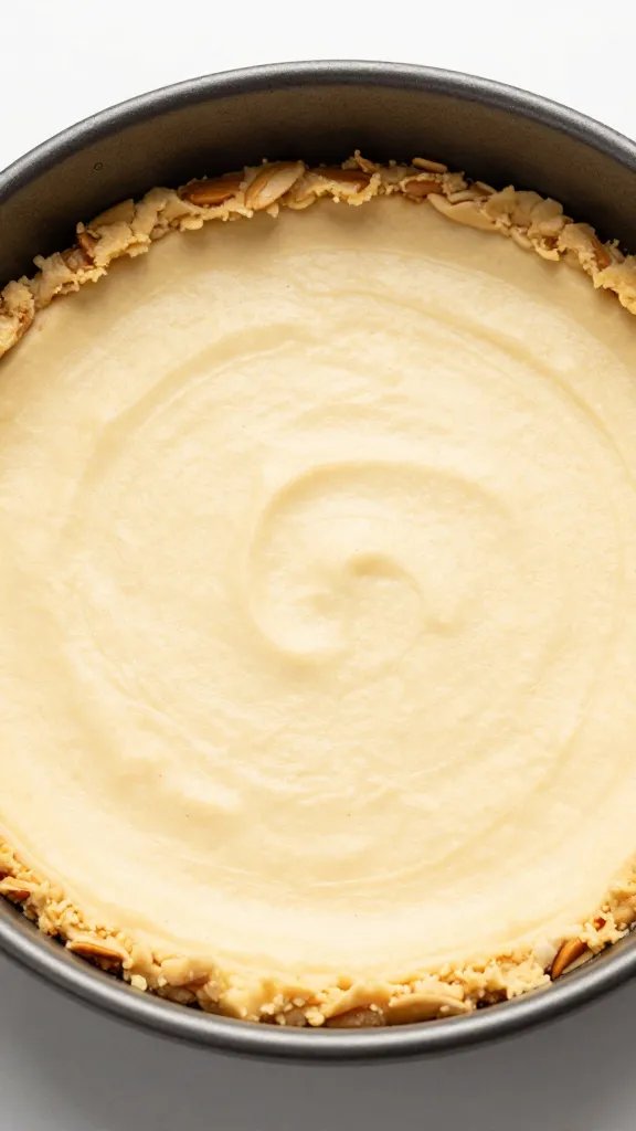 almond flour cheesecake crust in springform pan, overhead closeup