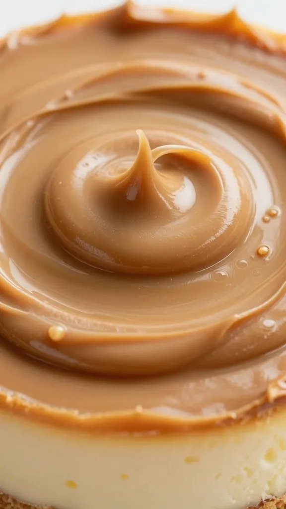 glossy peanut butter swirl on cheesecake surface, macro shot