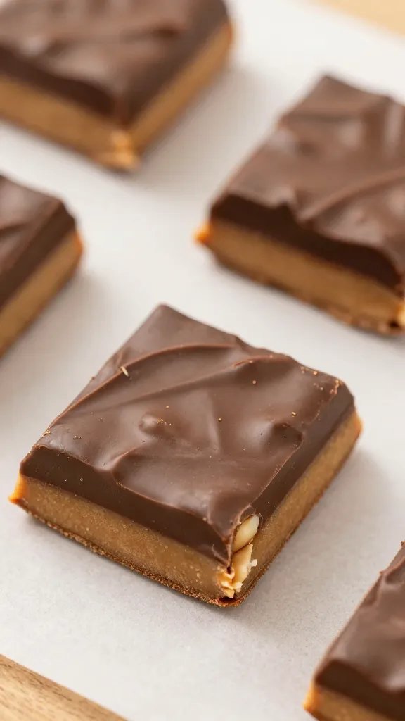 closeup keto chocolate peanut butter bar on parchment