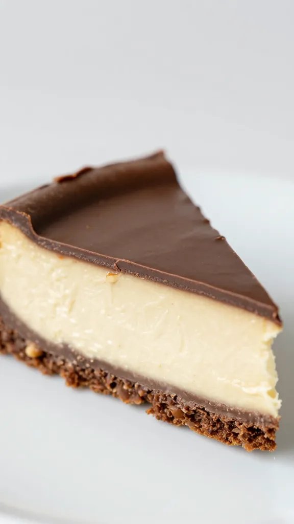closeup slice of keto chocolate peanut butter cheesecake